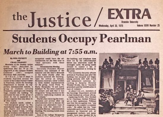 Image of top portion of front page of the Justice April 30, 1975 called "Students Occupy Pearlman"