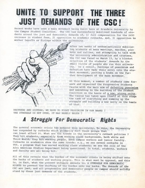 "Unite to Support the Three Just Demands of the CSC!" [student pamphlet cover, undated]